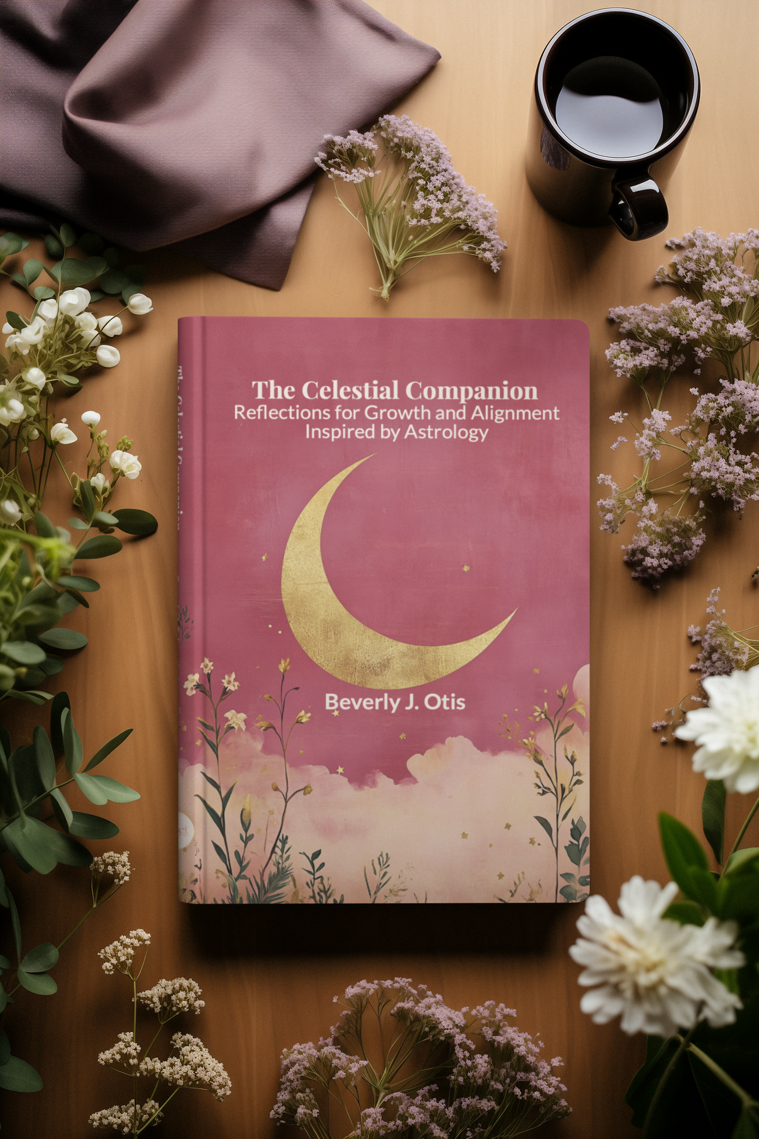 The Celestial Companion astrology journal by Beverly J. Otis on a wooden table surrounded by dried flowers, a satin cloth, and a cup of tea.